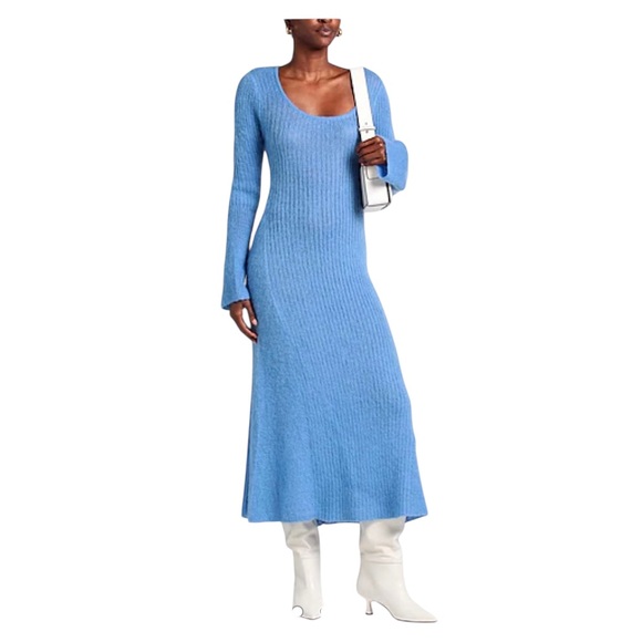 NWT GANNI Ribbed Brushed Mohair-Blend Maxi Dress in Silver Lake Blue Sz XL - Picture 1 of 14